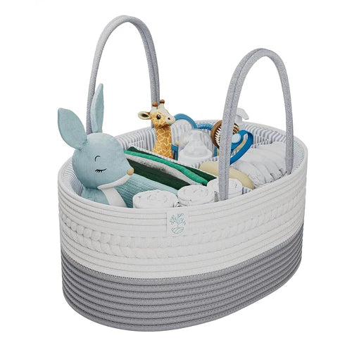 White and gray woven basket with plush toys on a white background, labeled 'Shipped from the USA'.
