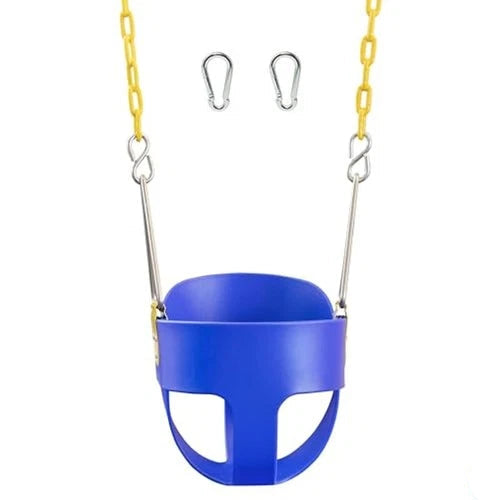 Blue swing seat with yellow chain and safety clips on a white background