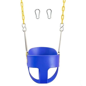 Blue swing seat with yellow chain and safety clips on a white background