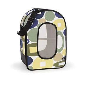 Patterned pet carrier with geometric design on a white background