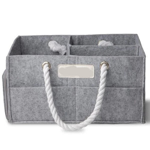 Gray baby organizer with white handles and 'Baby Things' label on a white background