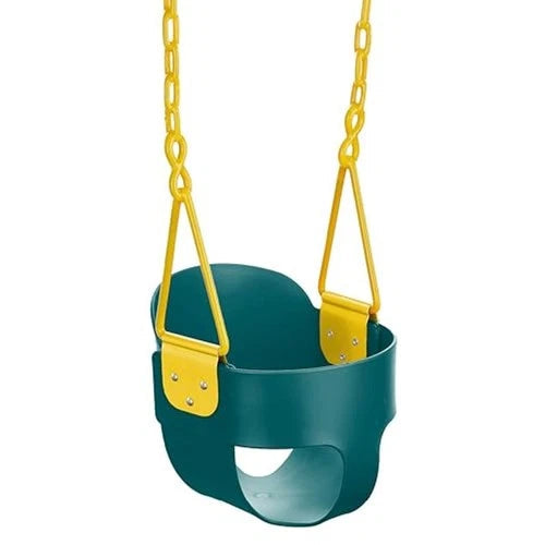 Green baby swing with yellow chains on a white background