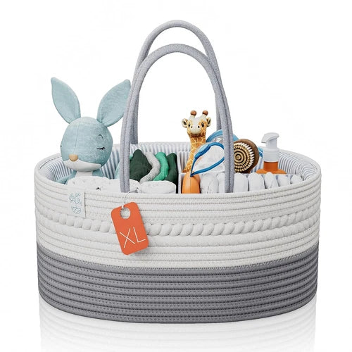 Woven Diaper Caddy Organizer, Large Gray Multi Functional Portable Baby Basket w