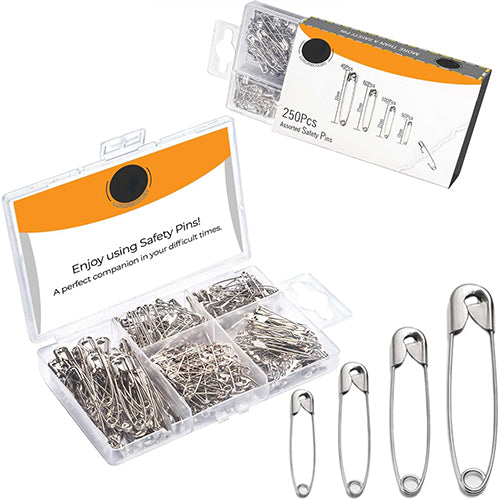 250 Pack Safety Pins by Luxurecourt, 4 Assorted Sizes of Durable, Silver Small and Large Safety Pins Bulk, Rust-Resistant Nickel Plated Steel, Sharp Edge Pins for Clothes, Sewing, Arts & Craft
