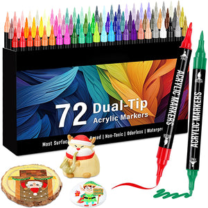 Pagather 24 Colors Acrylic Paint Markers, Dual Tip with Fine Tip and Brush Tip Pens for Stone, Wood, Calligraphy, Canvas, Ceramic, Metal, Glass, Rock Painting, DIY Crafts