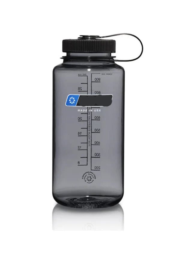 Nalgene water bottle with measurement markings on a white background