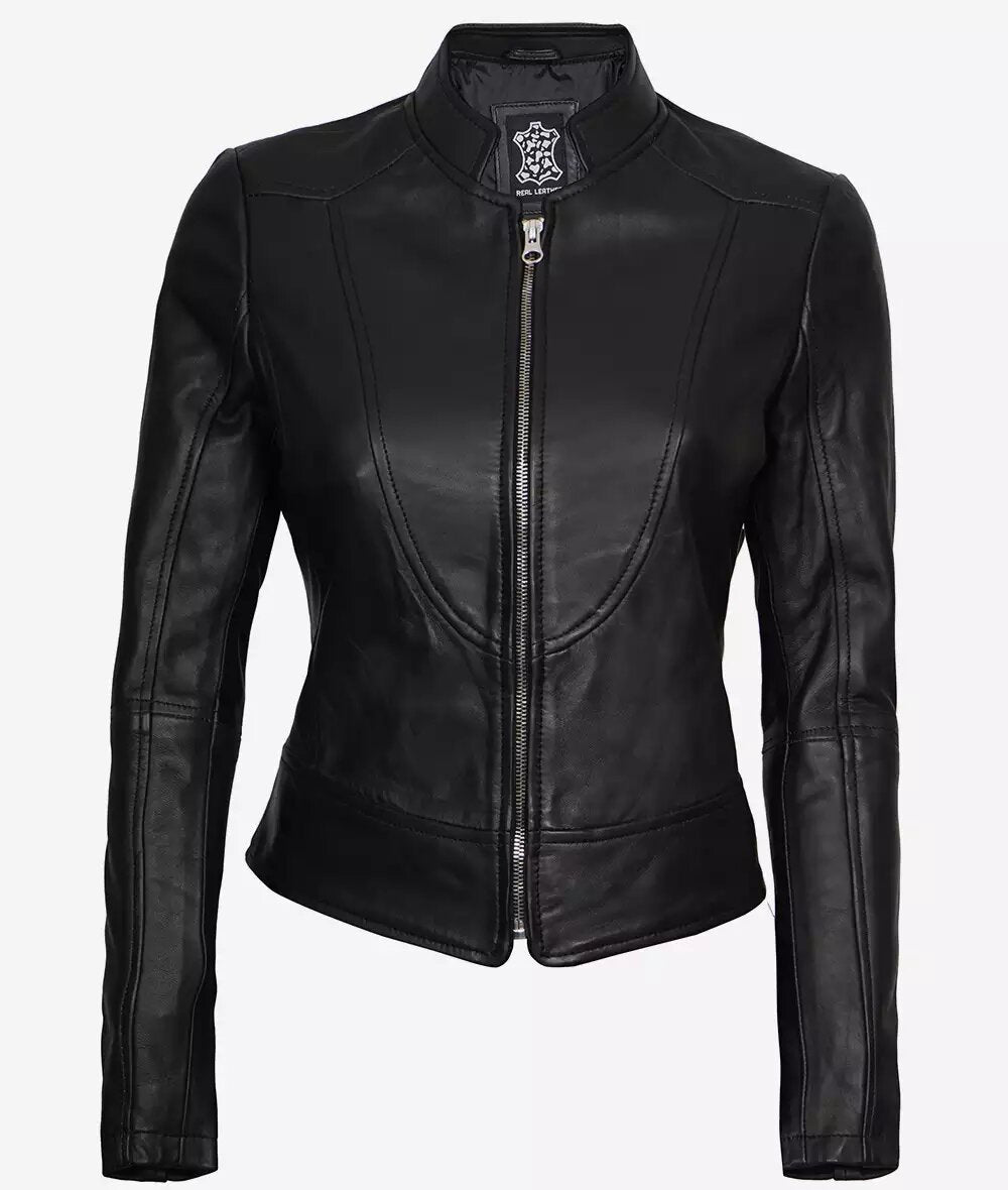 Womens Slim Fit Black Leather Biker Jacket