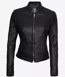Womens Slim Fit Black Leather Biker Jacket