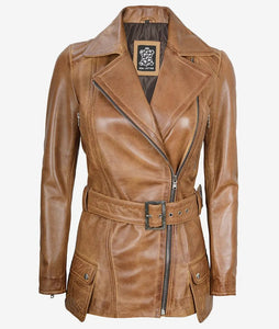 Womens Camel Brown Belted Moto Leather Jacket