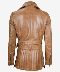 Womens Camel Brown Belted Moto Leather Jacket