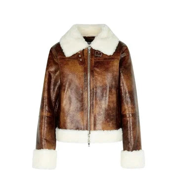 Brown leather jacket with white fur trim on a white background